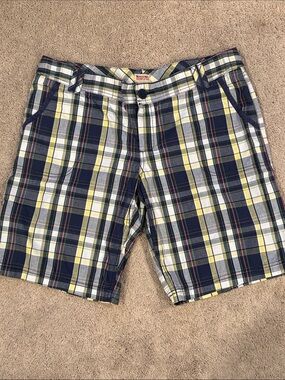 Mossimo Supply Co. Navy, White & Yellow Plaid Flat Front Shorts